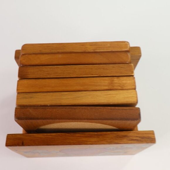 Apple Drink Coaster Set Wood Holder Leaf Design Country Core Farmhouse - Picture 2 of 12